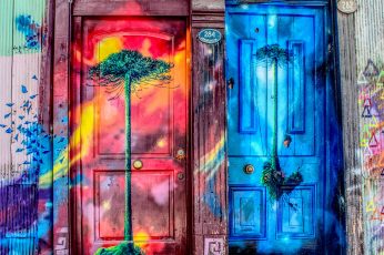 Tree printed and multicolored closed doors