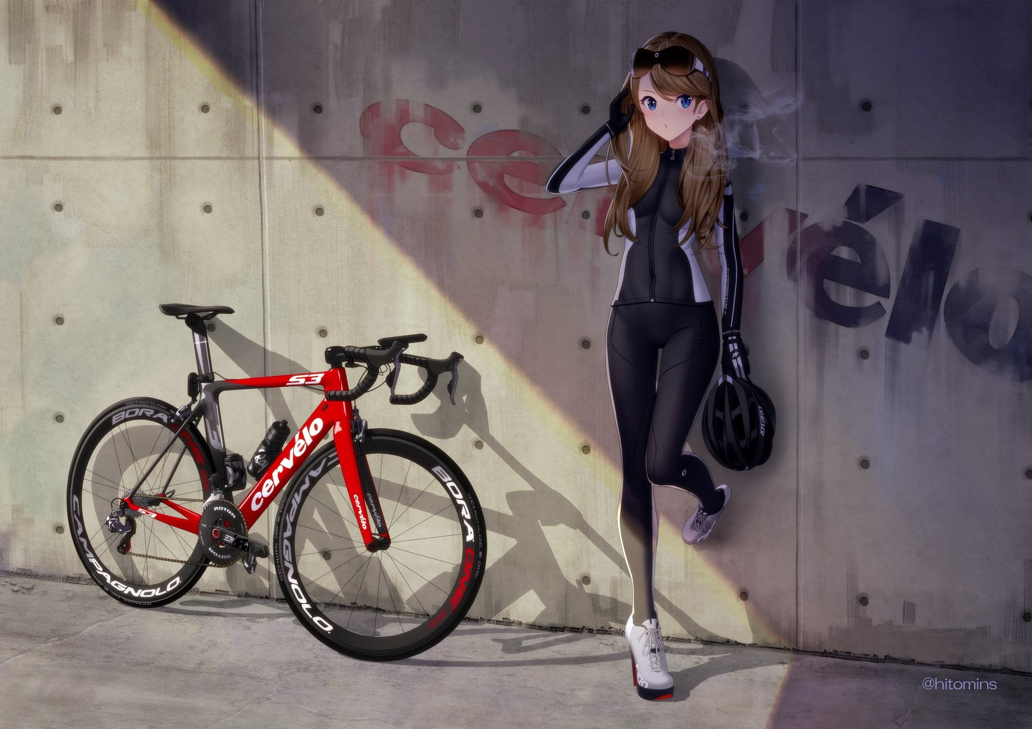 Wallpaper: red and black road bike, anime, anime girls, bicycle, brunette