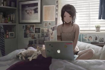Wallpaper: black haired girl anime character illustration