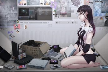 Wallpaper: black haired female anime character, female anime character on table