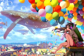 Girl and balloons animated wallpaper, black haired anime character sitting near balloons illustratio