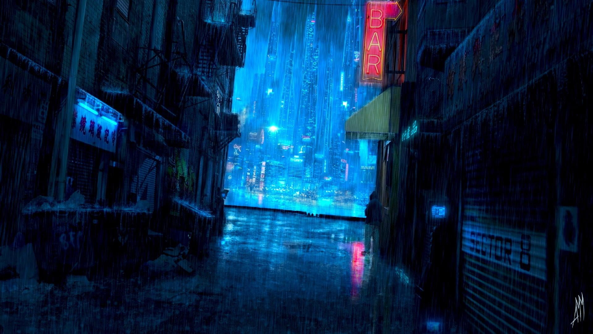 Cyberpunk rain aesthetic water city lights raining darkness wallpaper