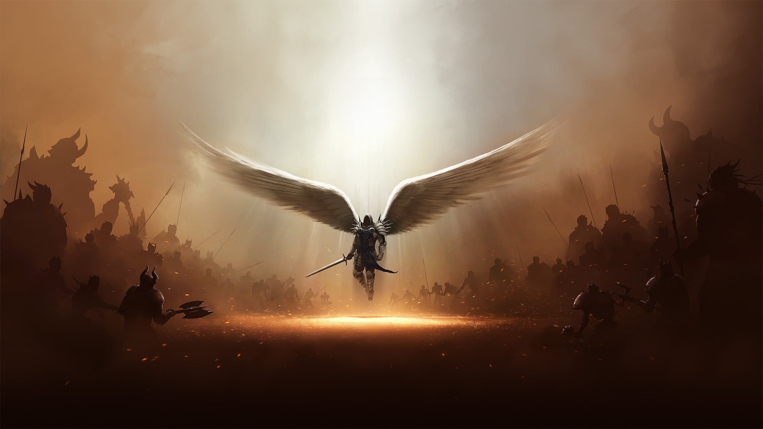 Angel with sword digital wallpaper, Diablo, wings, archangel