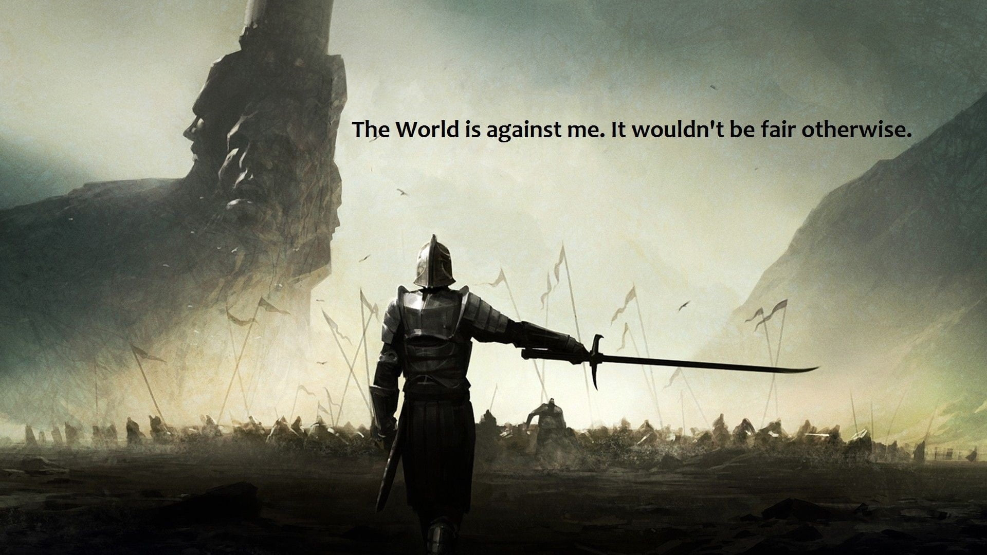 Knight holding sword with text overlay, man in armor holding sword digital wallpaper