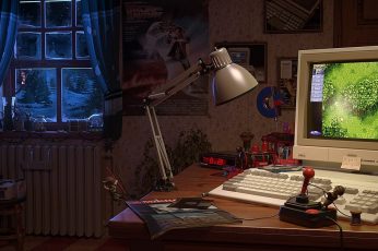 gray CRT computer monitor, Amiga, retro games wallpaper, window, joystick