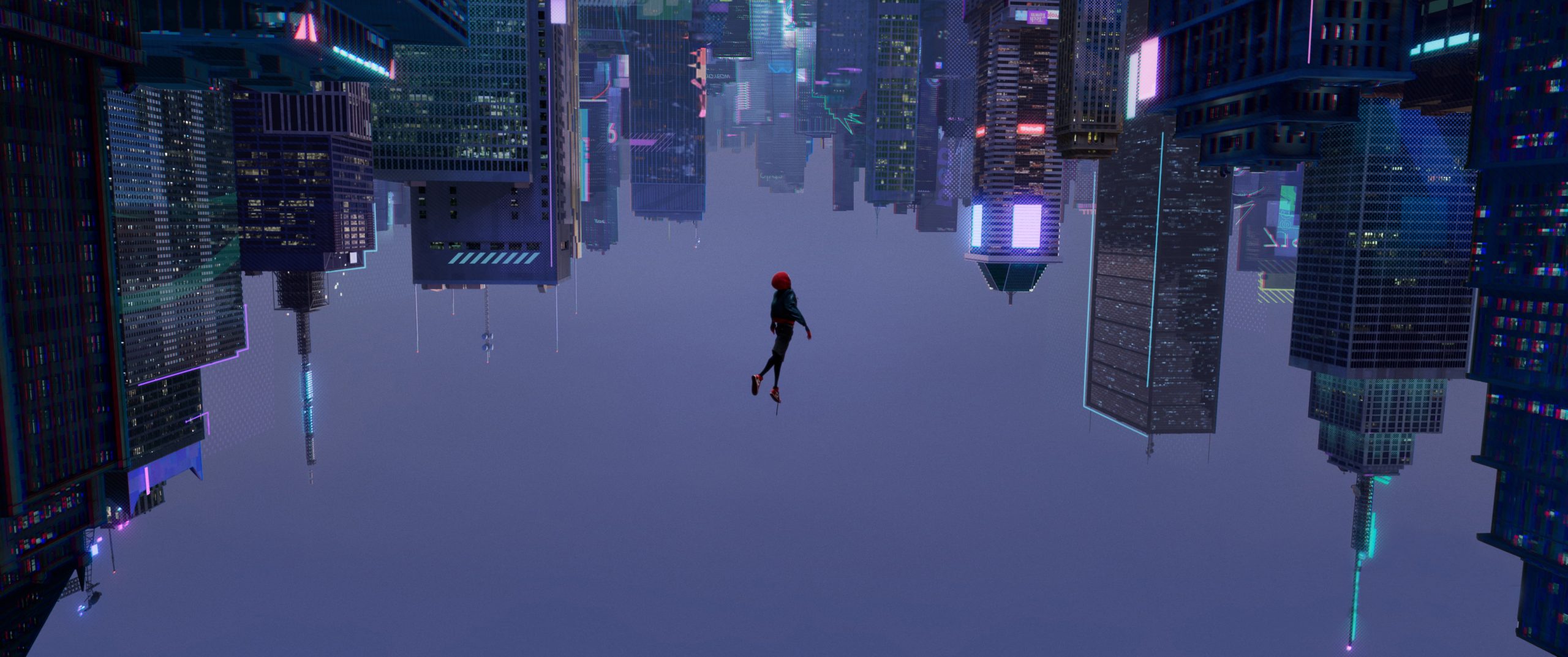 cyberpunk skyscraper upside down animated movies Spider-Man wallpaper