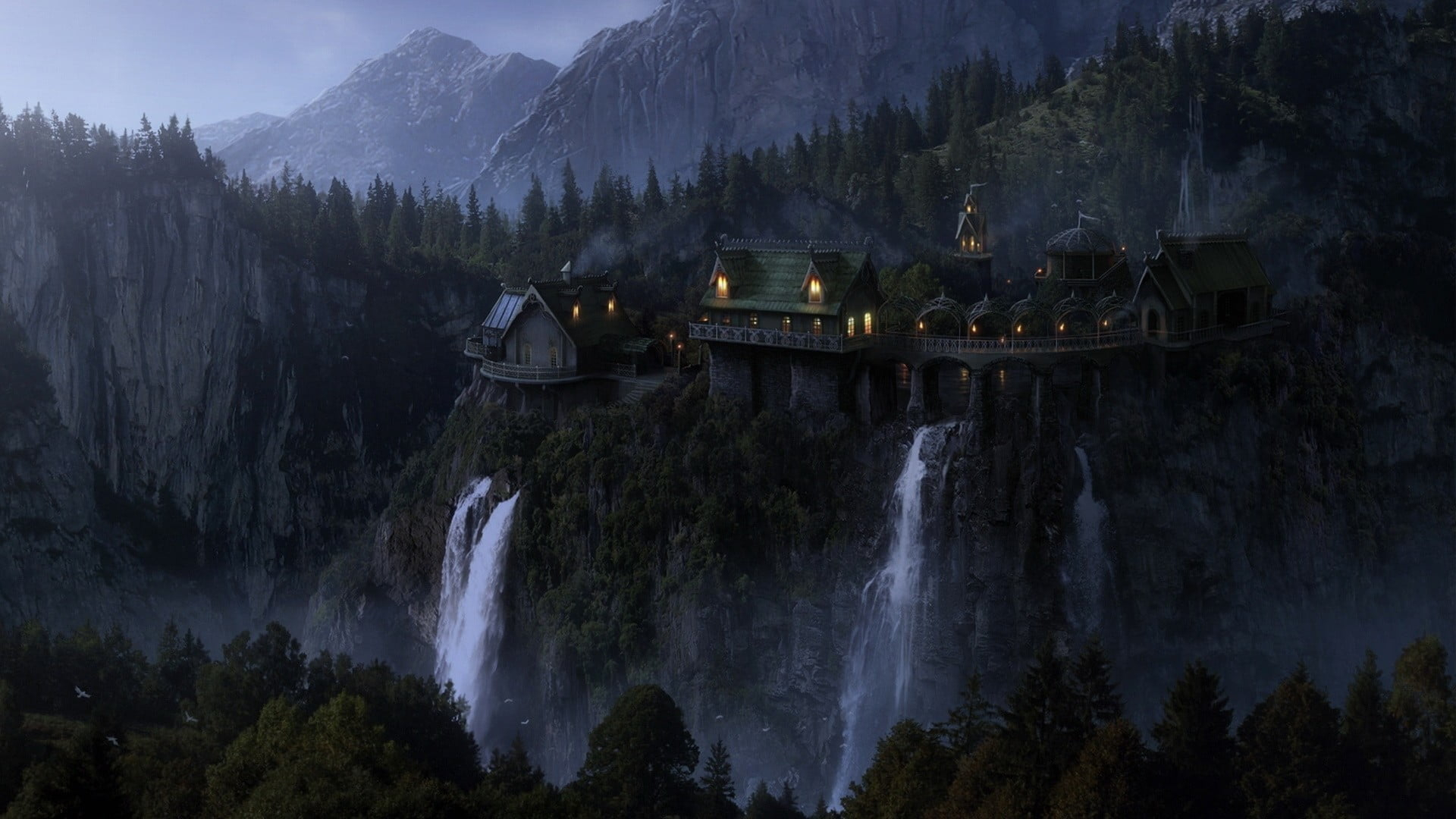 Houses illustration waterfalls beside castle near mountain landscape wallpaper