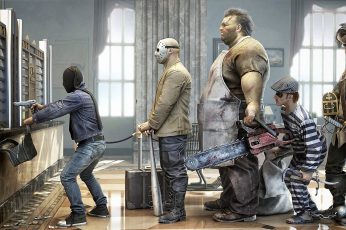 Five people lining up on cashier illustration movie scene wallpaper