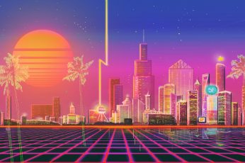 The sun, Music, The city, Style, Background, 80s wallpaper, Neon, Illustration