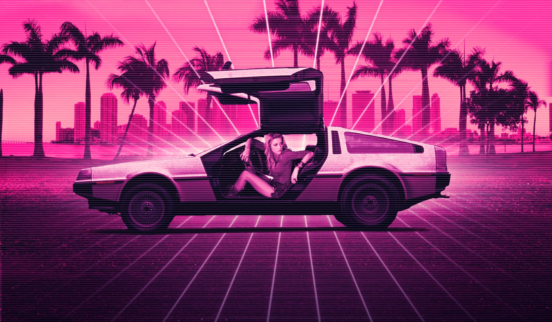 Girl, Music, Neon, Background, DeLorean DMC-12, Electronic wallpaper