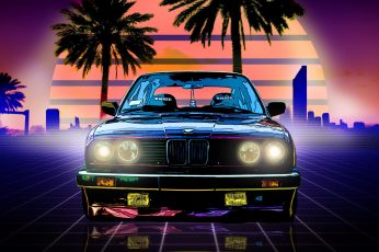 The sun, Music, Neon, BMW, Machine, Boomer, Palm trees, Background, 80s wallpaper