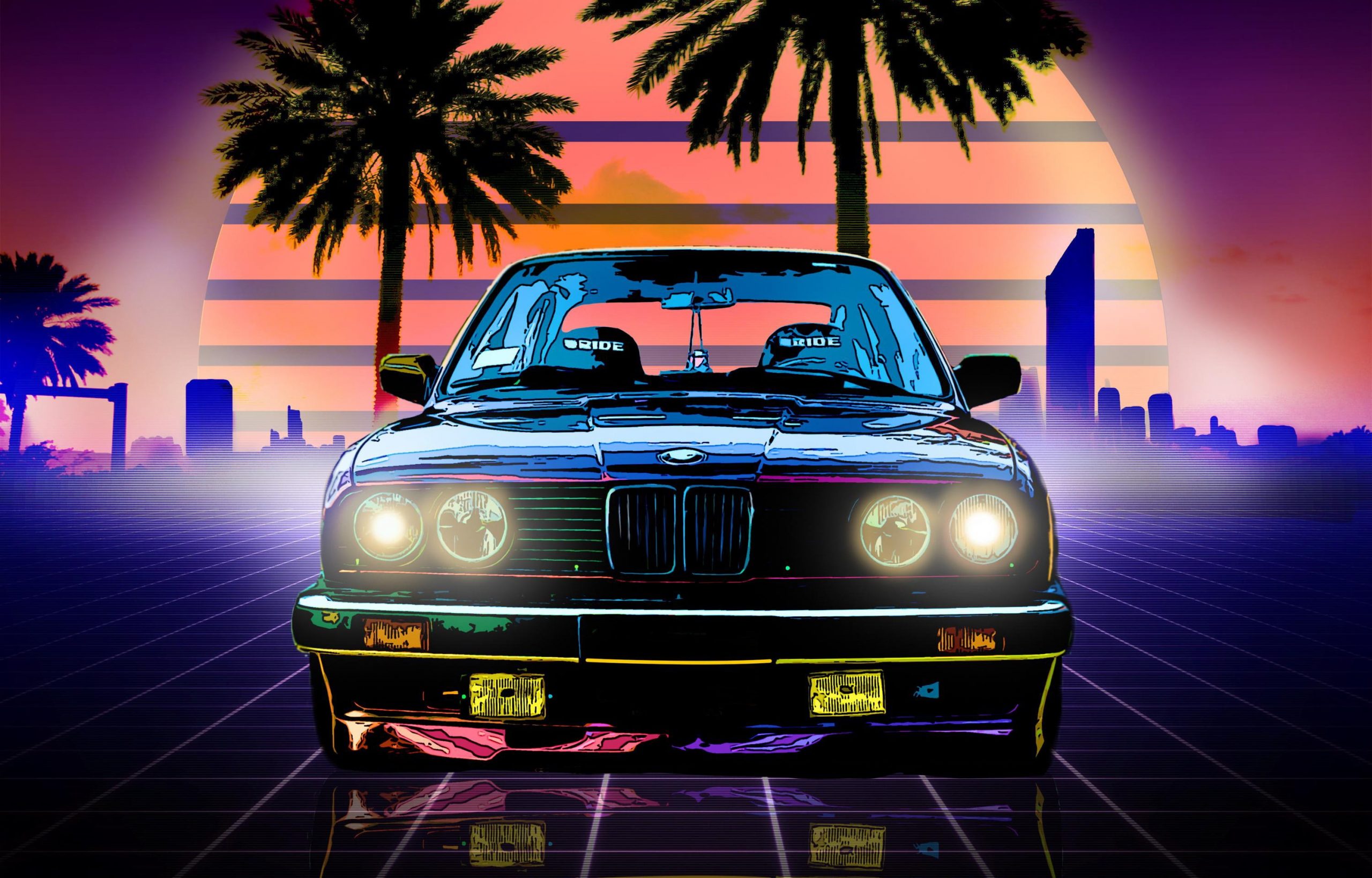 The sun, Music, Neon, BMW, Machine, Boomer, Palm trees, Background, 80s wallpaper