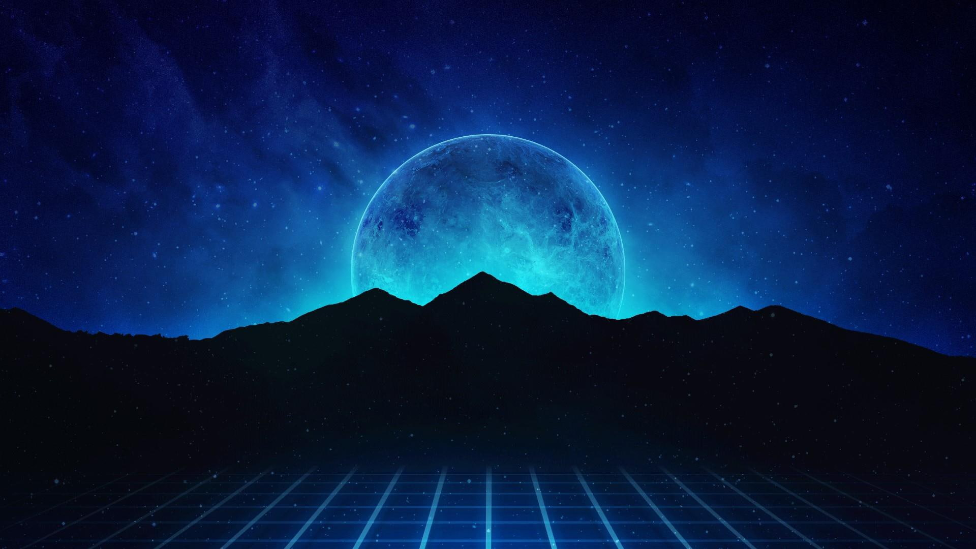 Mountains, Music, Stars, Neon, Planet, Hills, Background, Synthpop wallpaper