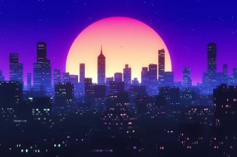 The sun, Night, Music, The city, Background, 80s wallpaper, 80’s, Synth