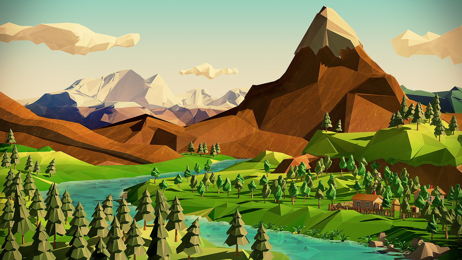 Polygon Art Landscape Mountains Trees River HD, digital/artwork wallpaper