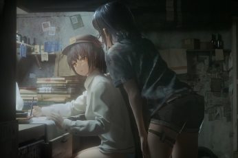Two girl anime characters, glasses, books, original characters wallpaper