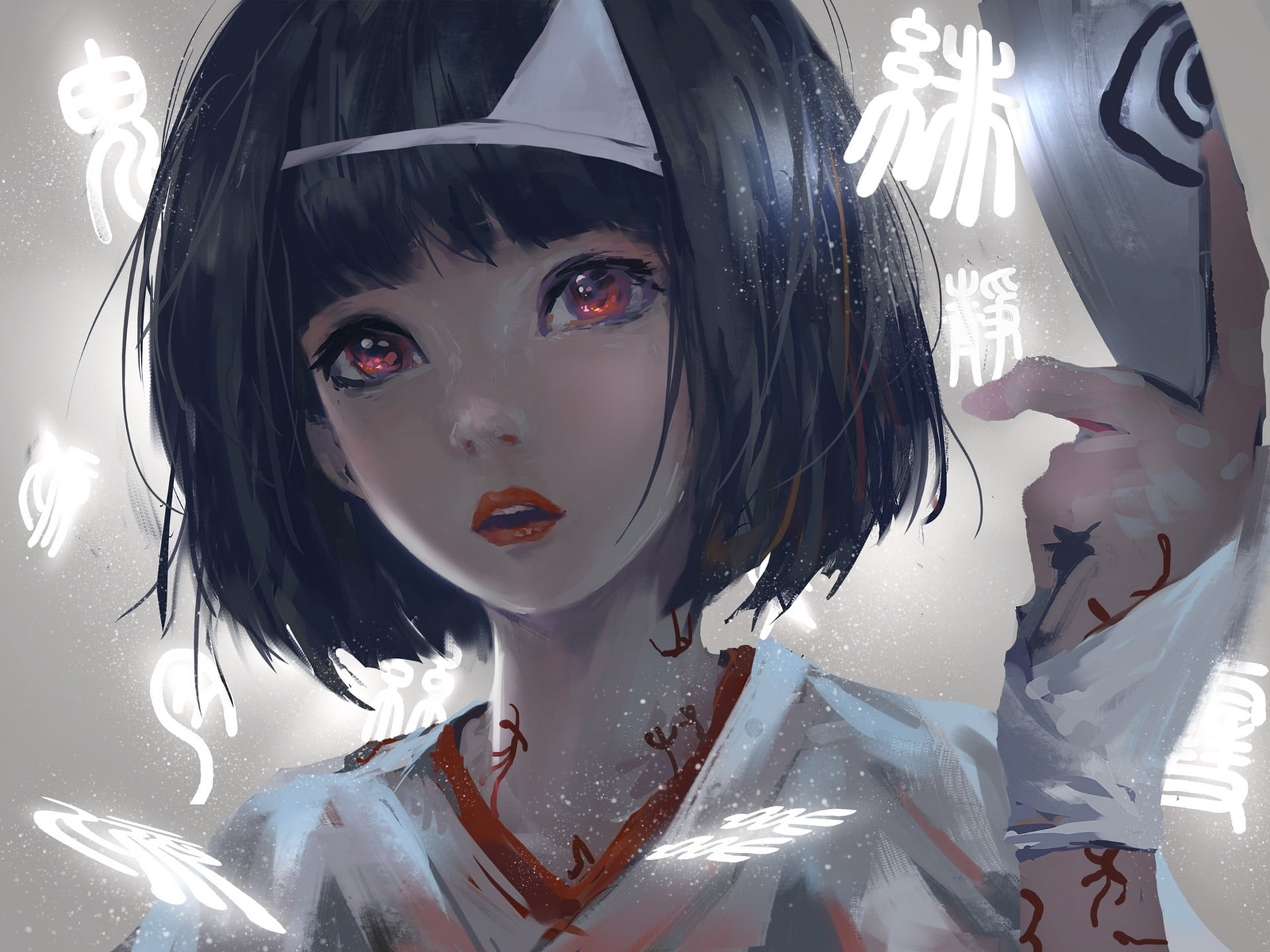 Female anime character in white top wallpaper, black hair, short hair