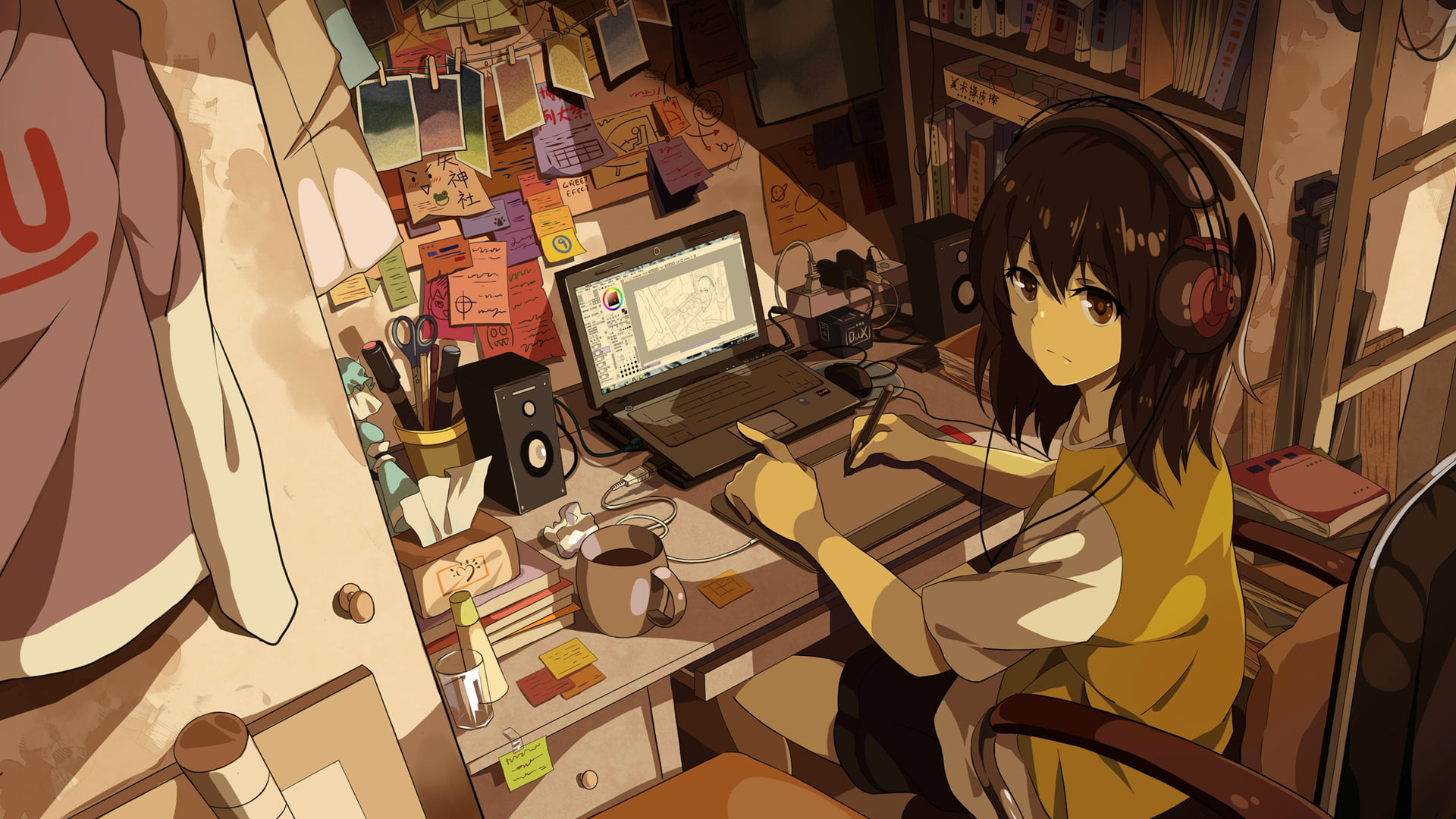Female anime character sitting on chair near laptop computer wallpaper