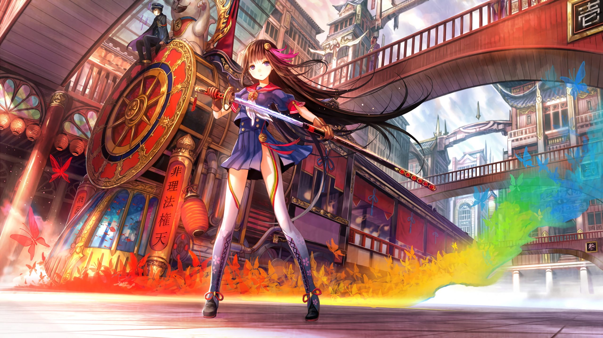 Female anime character holding sword, train, anime girls, oriental wallpaper