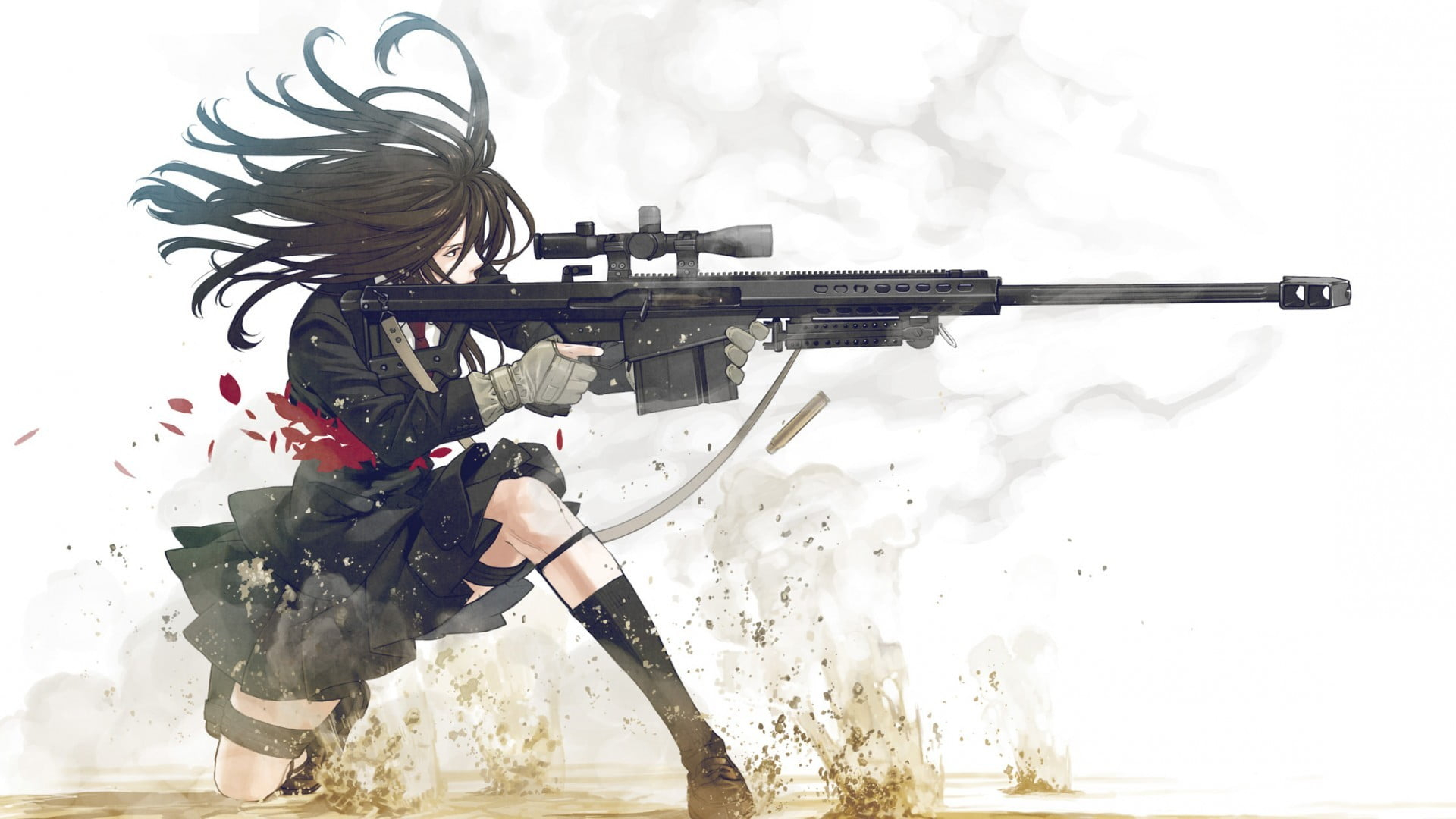Black-haired female anime character holding black assault rifle wallpaper