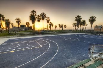 Basketball court digital wallpaper, sport , sports, sunset, palm tree