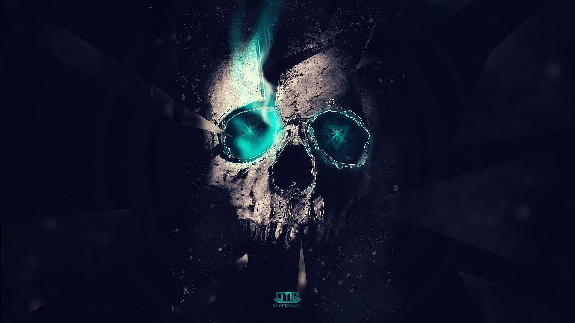 Wallpaper human skull illustration, artwork, neon, digital art, cyan, black background
