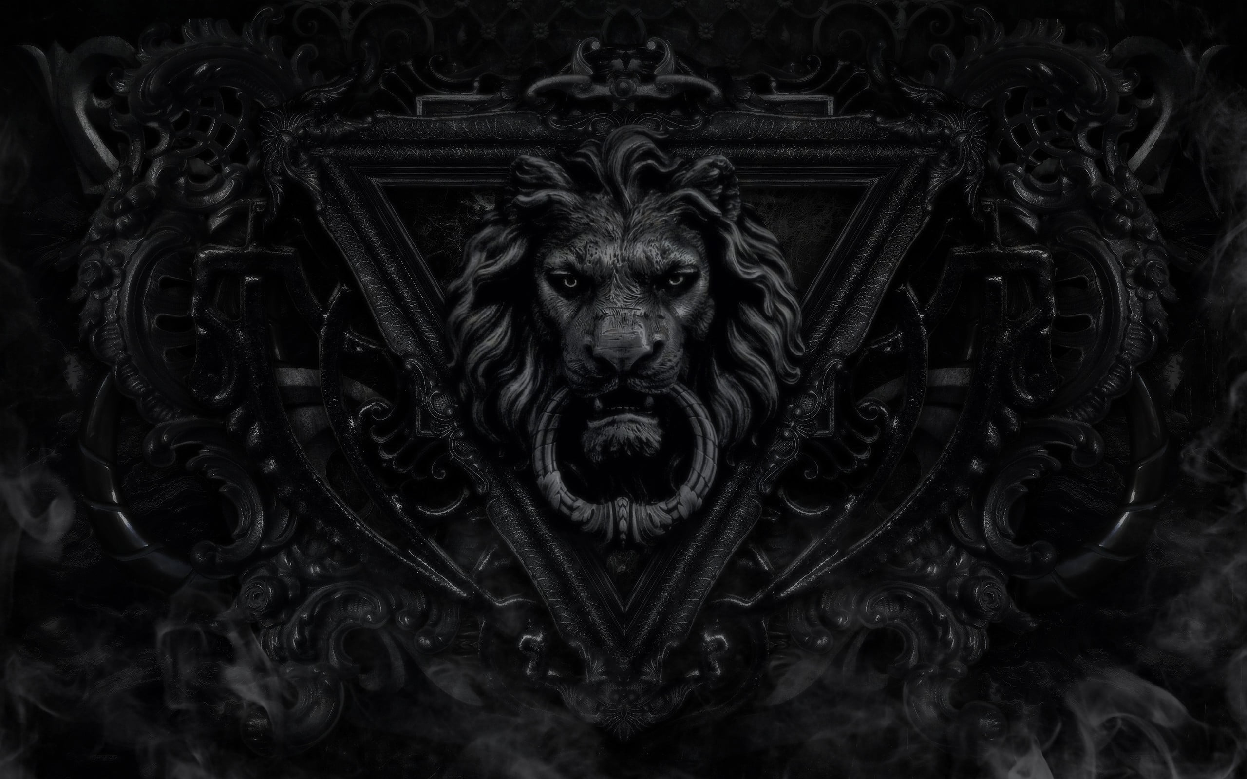 Wallpaper Lion door knocker, lion door knocker, monochrome, dark, black