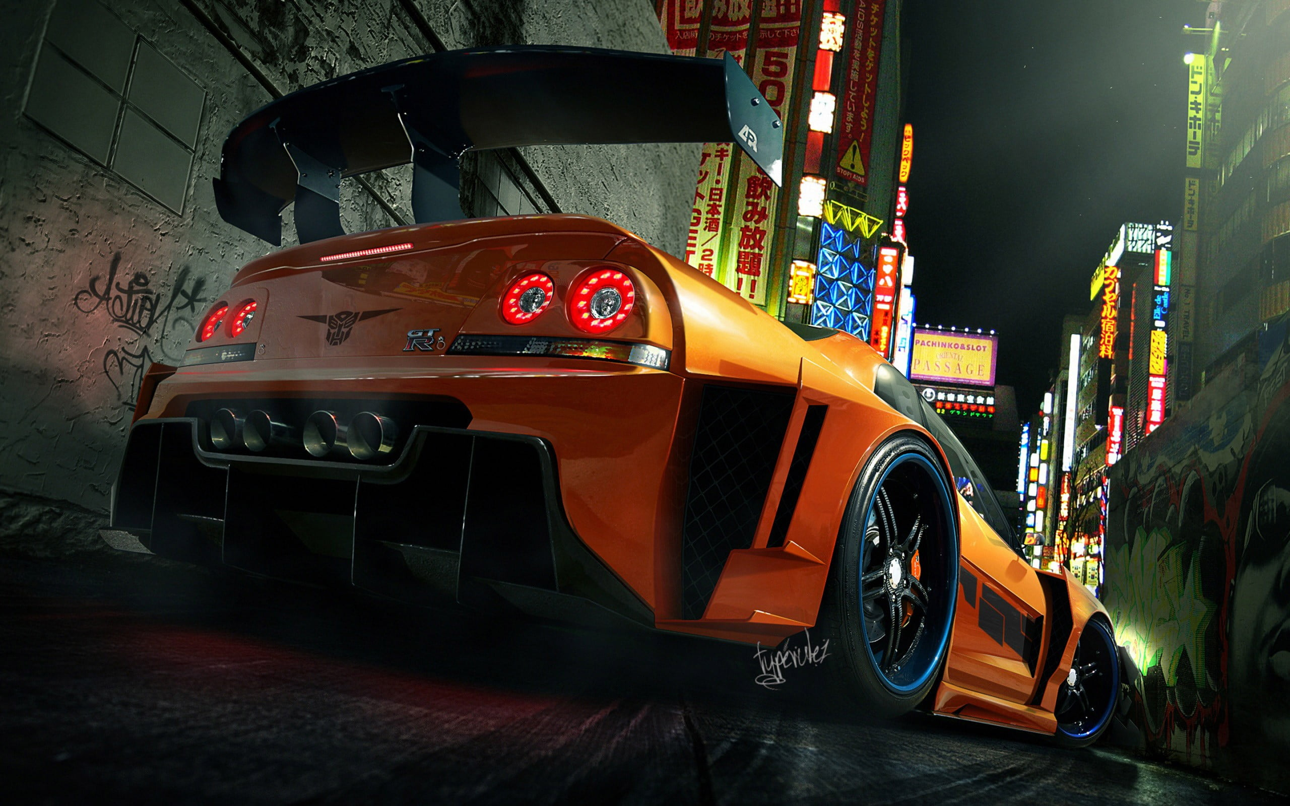 Orange sports car, Nissan Skyline GT-R R34, digital art, Need for Speed wallpaper