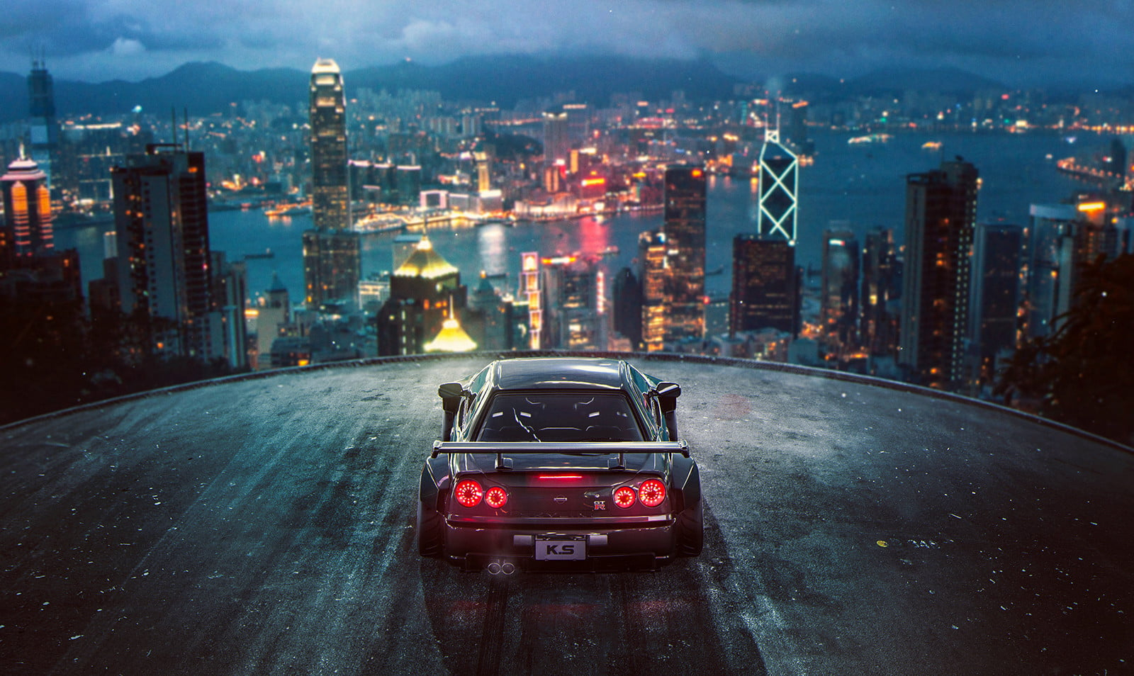 Black car wallpaper, 3D, render, city, Khyzyl Saleem, Nissan GTR, Hong Kong