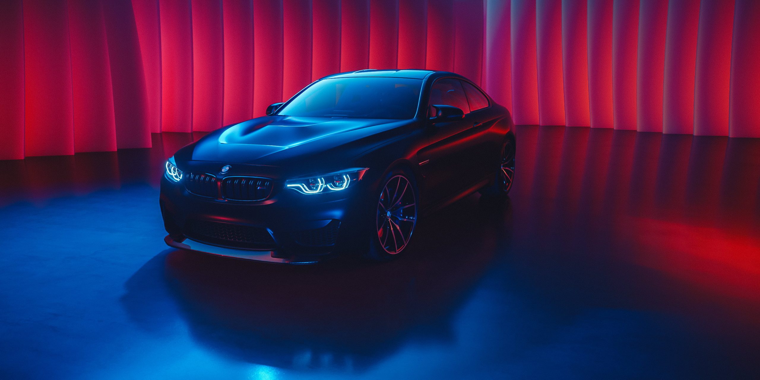 black BMW sedan, BMW M4, car, cyan, blue, red, glowing, black cars wallpaper