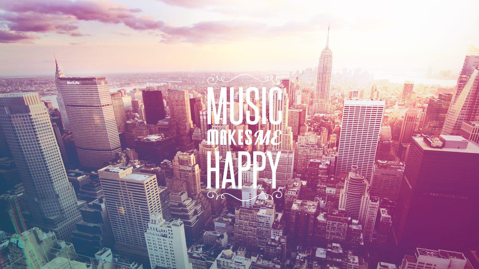 Wallpaper Music Makes Me Happy poster, city skyline illustration with Music makes me happy text overlay