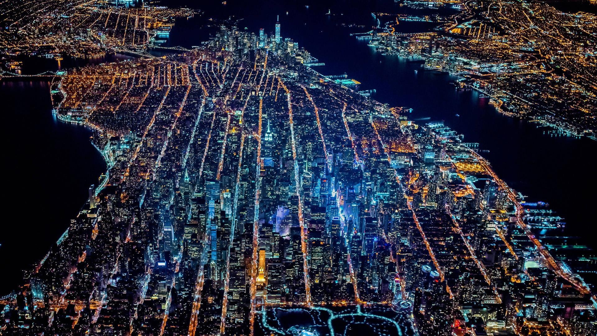 Cityscape digital wallpaper, aerial photography of city light