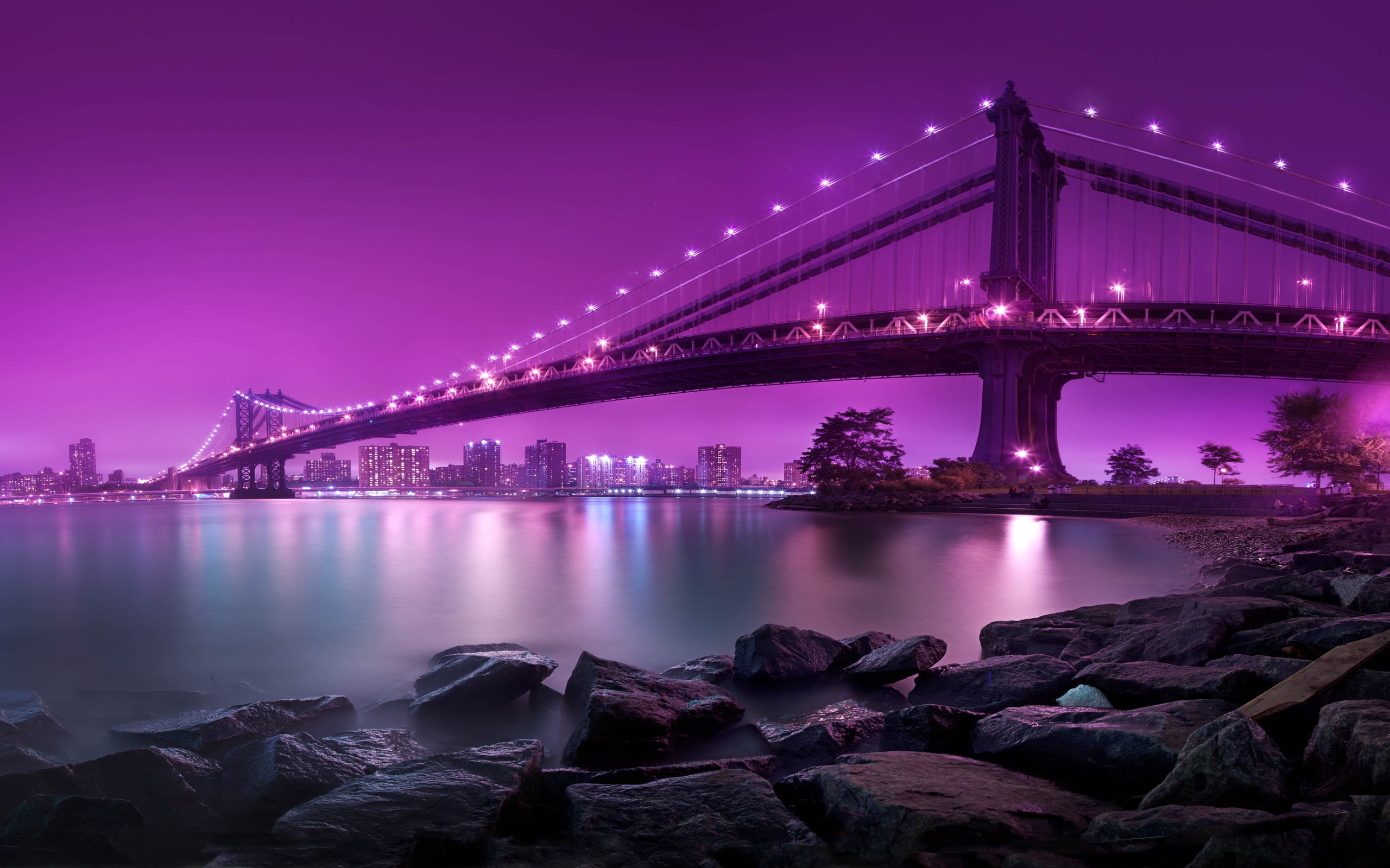 Bridge under purple sky wallpaper, bridge on top of water photo