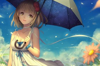 Wallpaper Anime girl, anime art, manga, kawaii, summer, umbrella