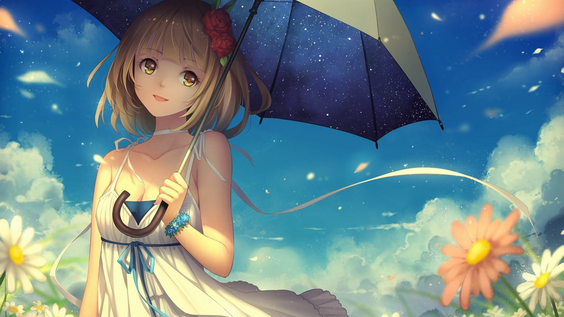 Wallpaper Anime girl, anime art, manga, kawaii, summer, umbrella