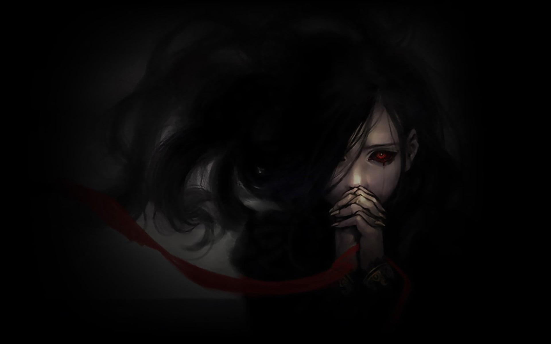 Female animated character wallpaper, horror, blacked out eyes