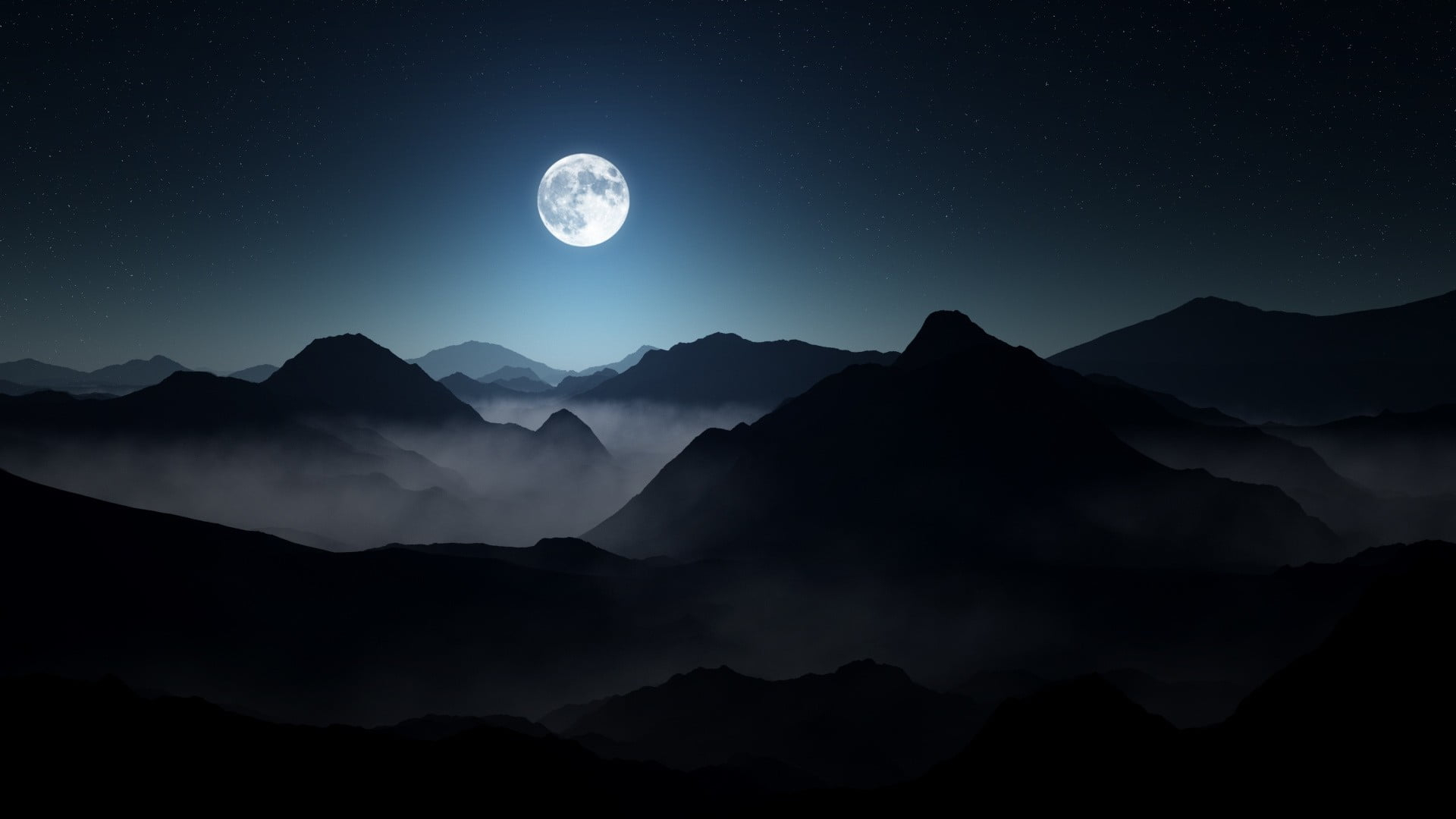 moon and mountains, nature, landscape, mist, starry night, moonlight wallpaper