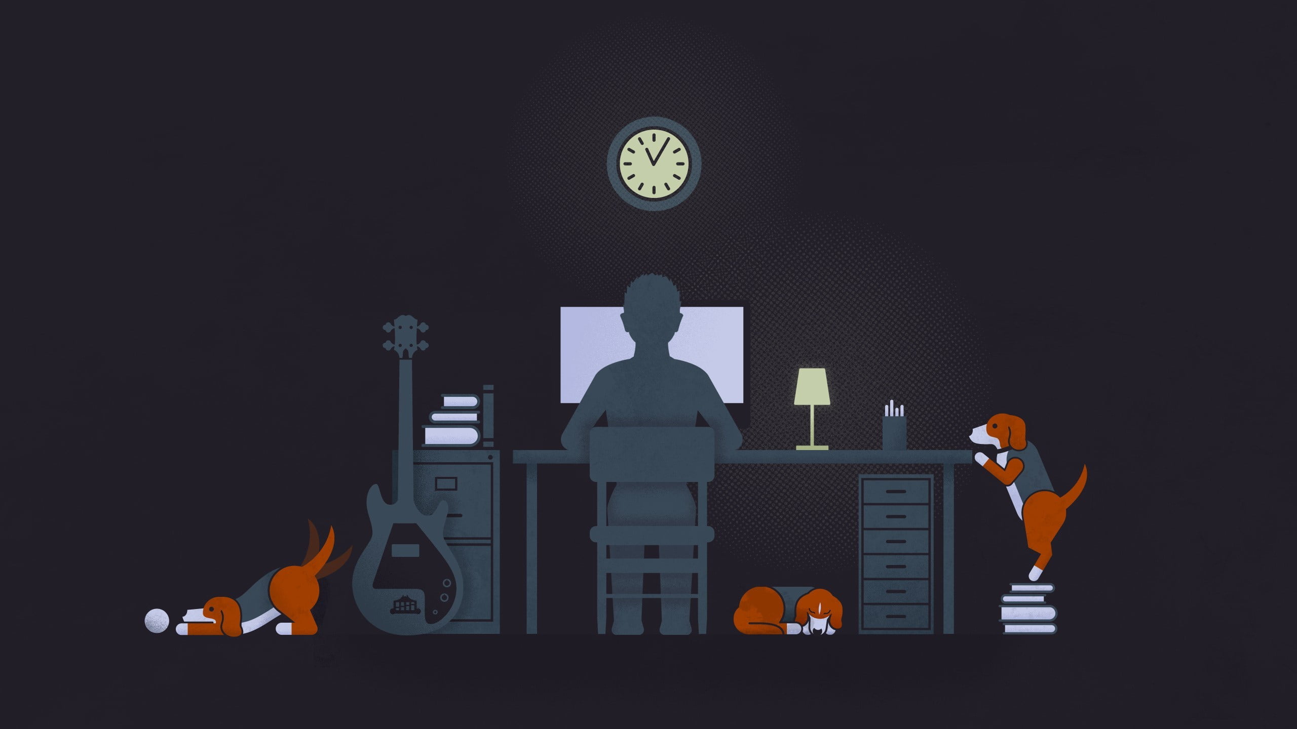 Person sitting on computer desk with three beagles illustration, illustration of person infront of computer near guitar and three puppies