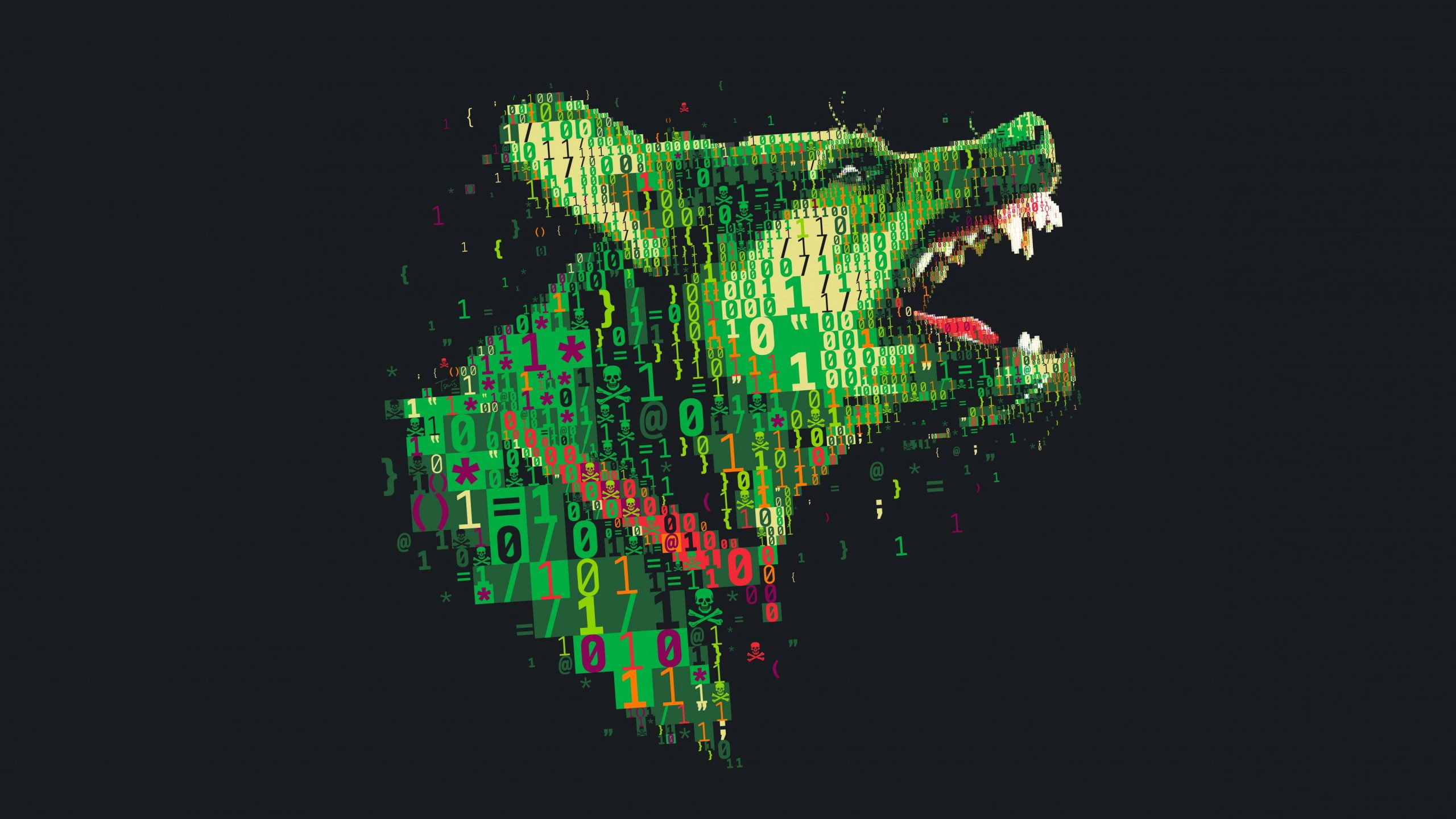 Binary dog illustration, digital art, numbers, skull and bones wallpaper
