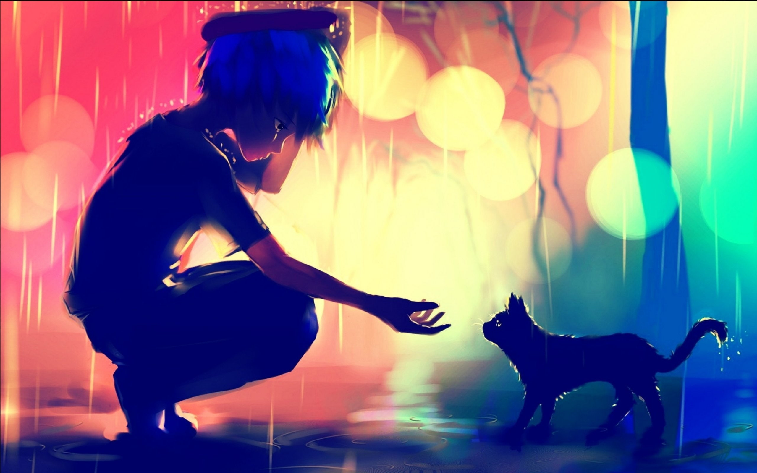 Anime boy, cat, sadness, profile view, bokeh, raining, domestic wallpaper
