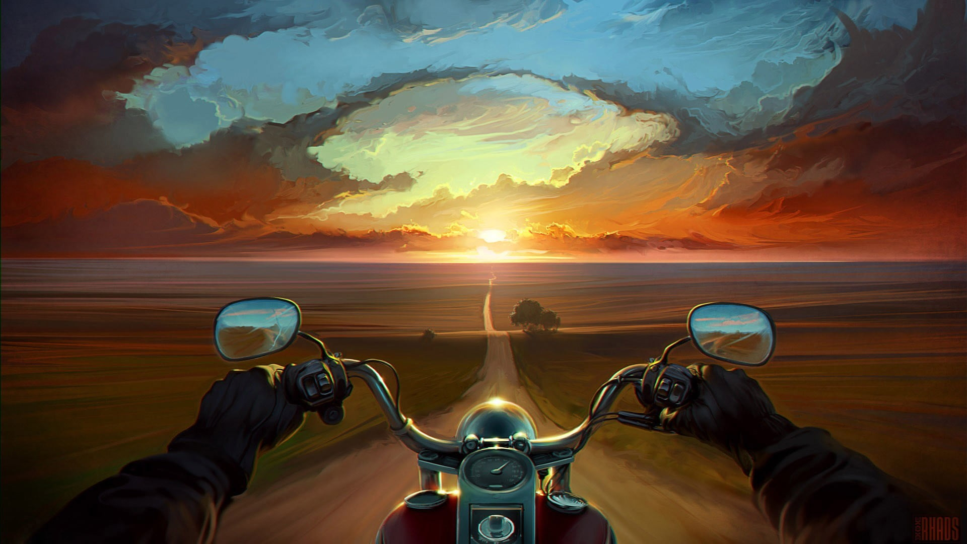 Wallpaper person riding motorcycle wallpaper, digital art, landscape, sunset