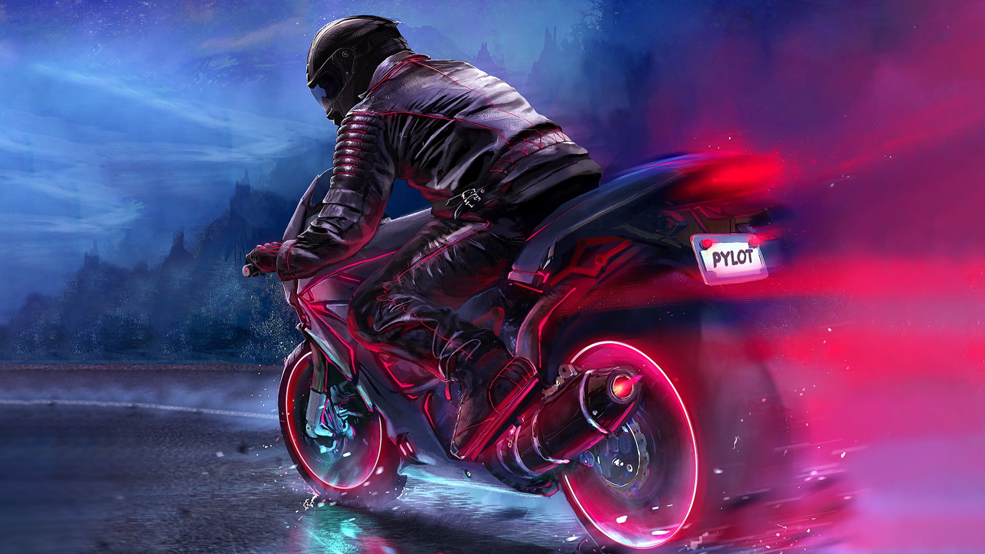 Wallpaper black and red sports bike, digital art, motorcycle, pilot, fantasy art