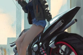 Woman sitting on sports bike illustration, WLOP, anime girls wallpaper