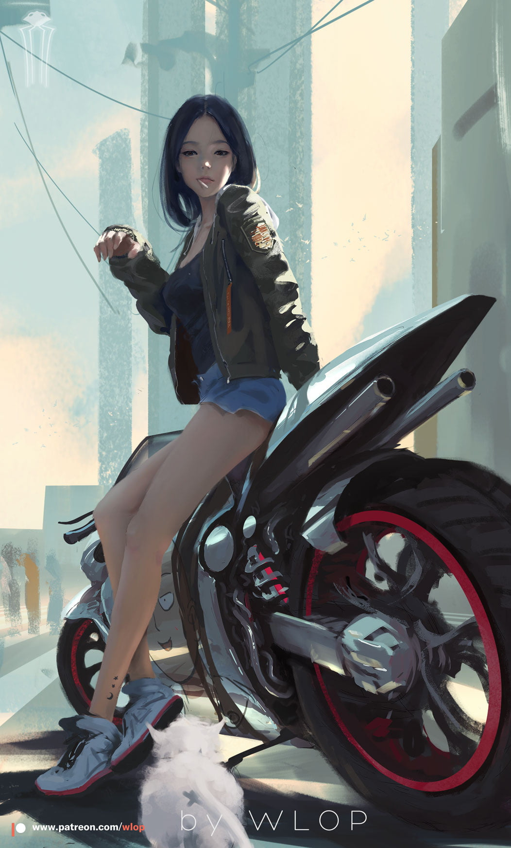 Woman sitting on sports bike illustration, WLOP, anime girls wallpaper