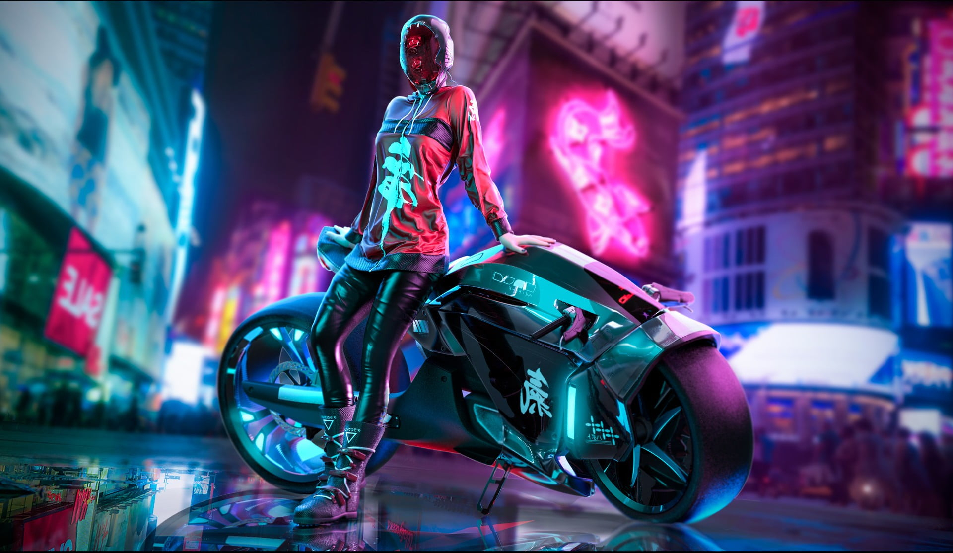 Aesthetic sports bike, female character artwork, motorcycle wallpaper