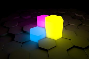 Wallpaper 3d, blocks, blue, pink, yellow, dark, abstract, hexagon, shining