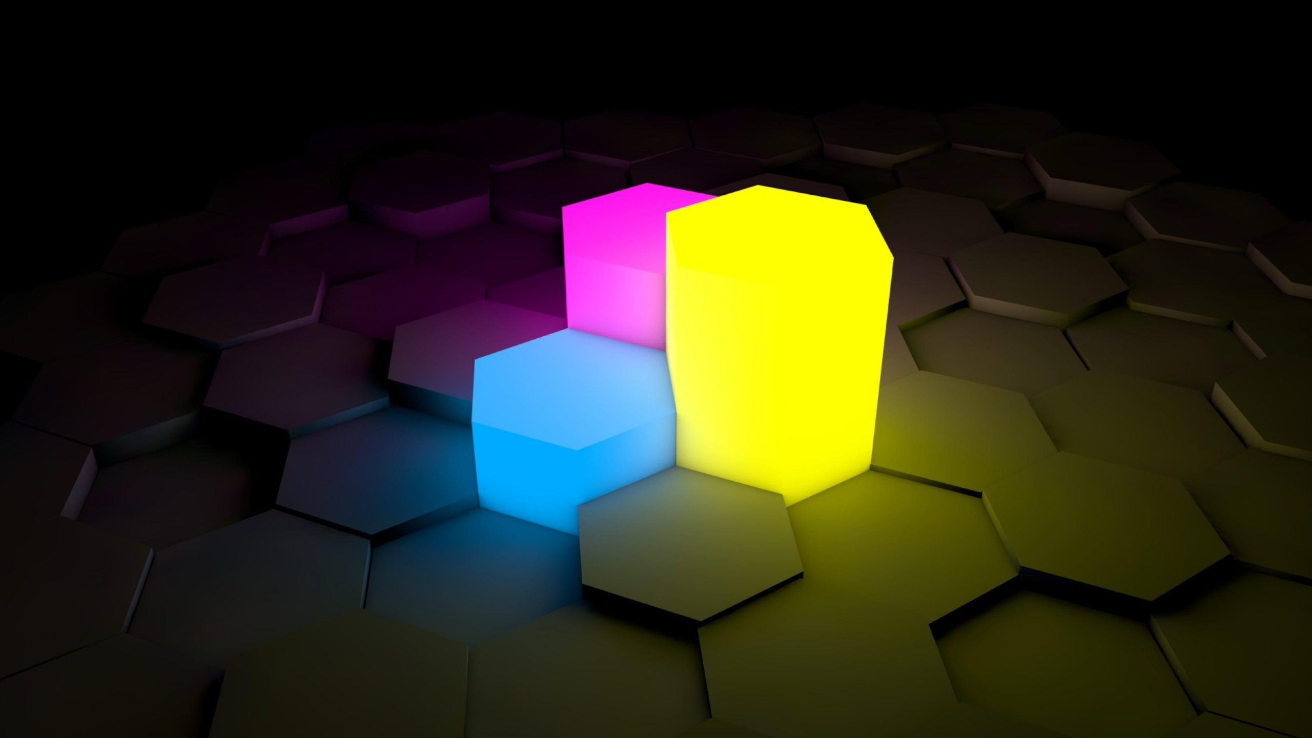 Wallpaper 3d, blocks, blue, pink, yellow, dark, abstract, hexagon