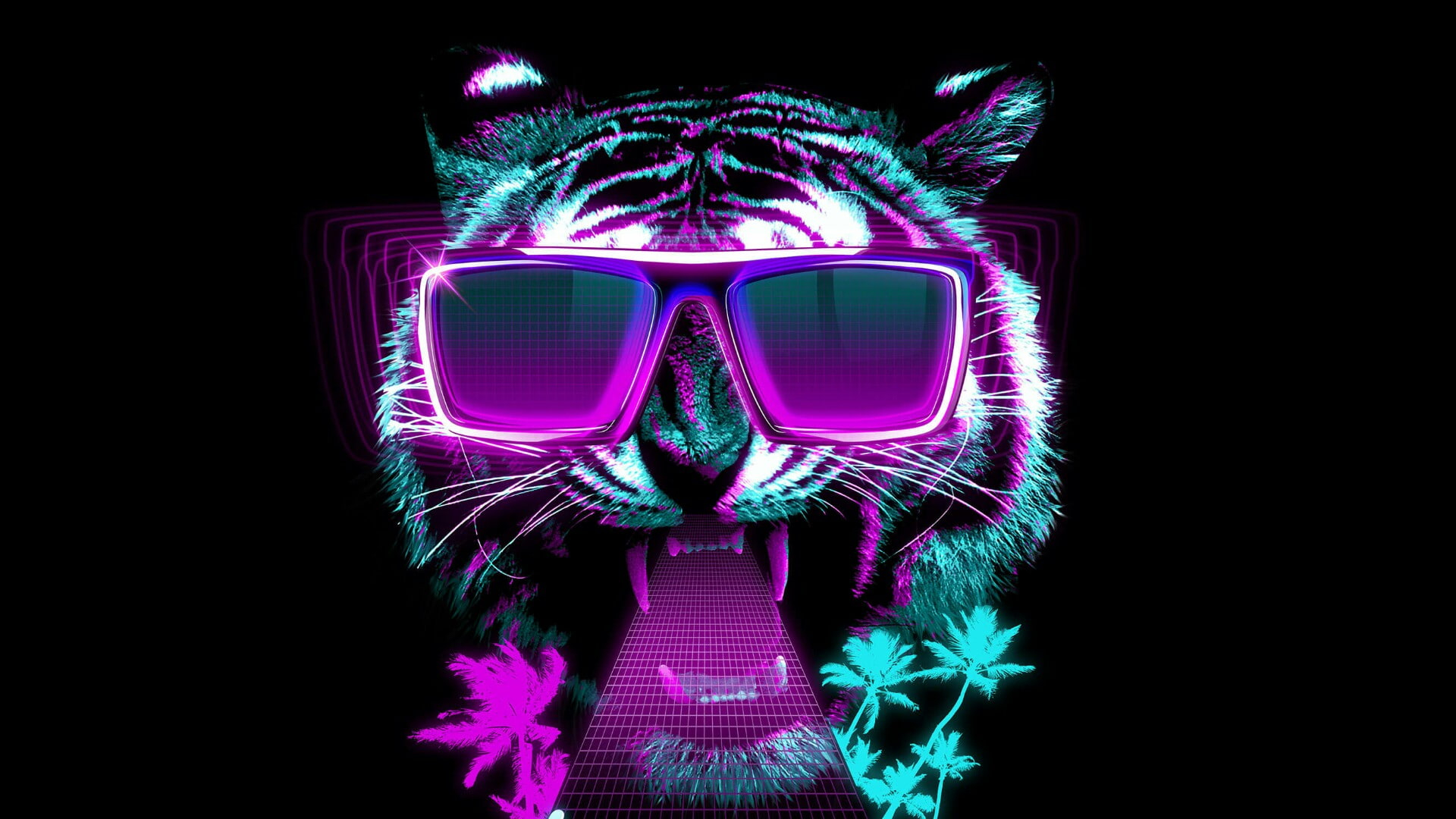 Wallpaper tiger, sunglasses, neon, graphic design, retrowave, eyewear