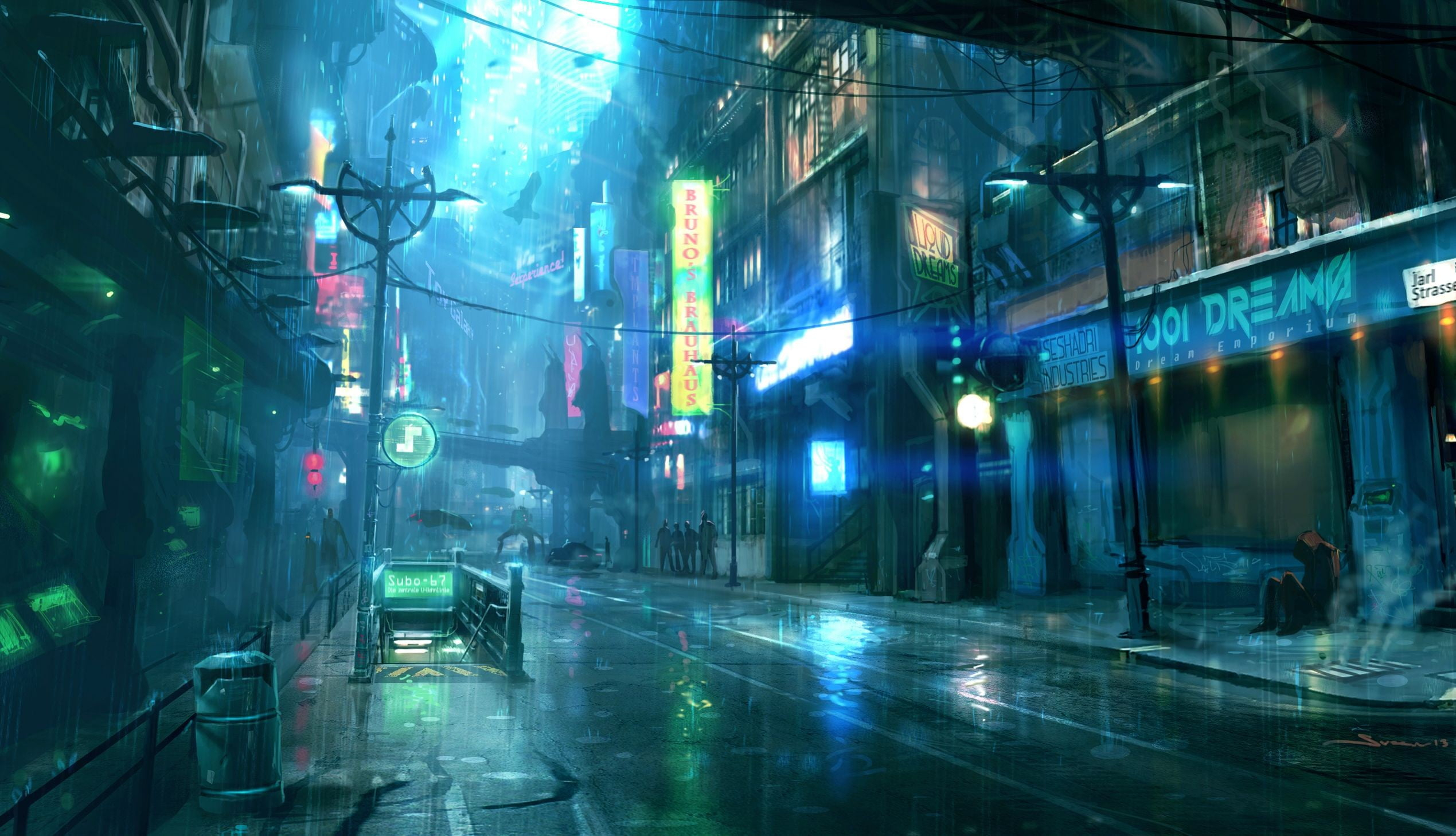 Wallpaper white concrete road, town road with buildings, cyberpunk, neon