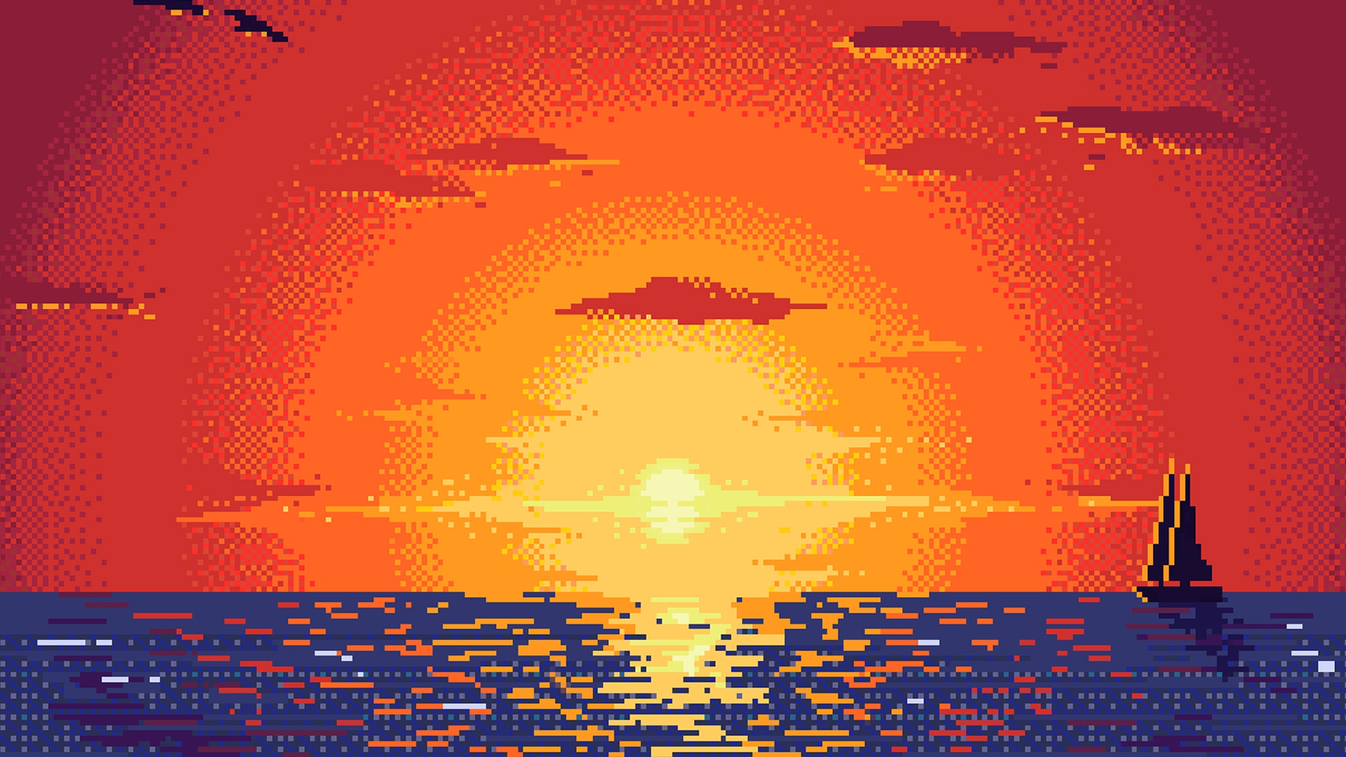 Wallpaper Boat, Ocean, Pixel Art, Sunset